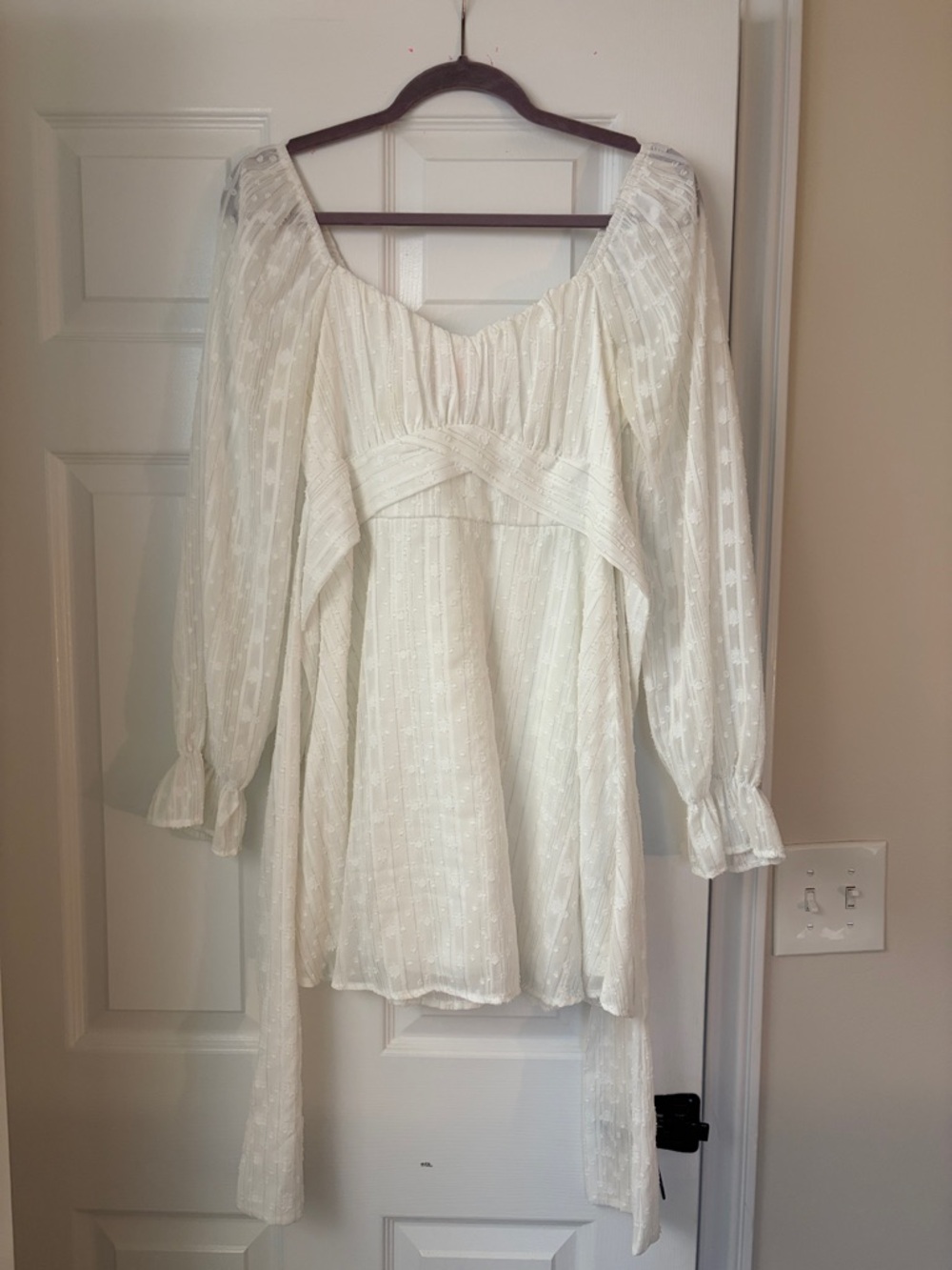 Ivory Long-Sleeve Peasant Tie-Waist Dress